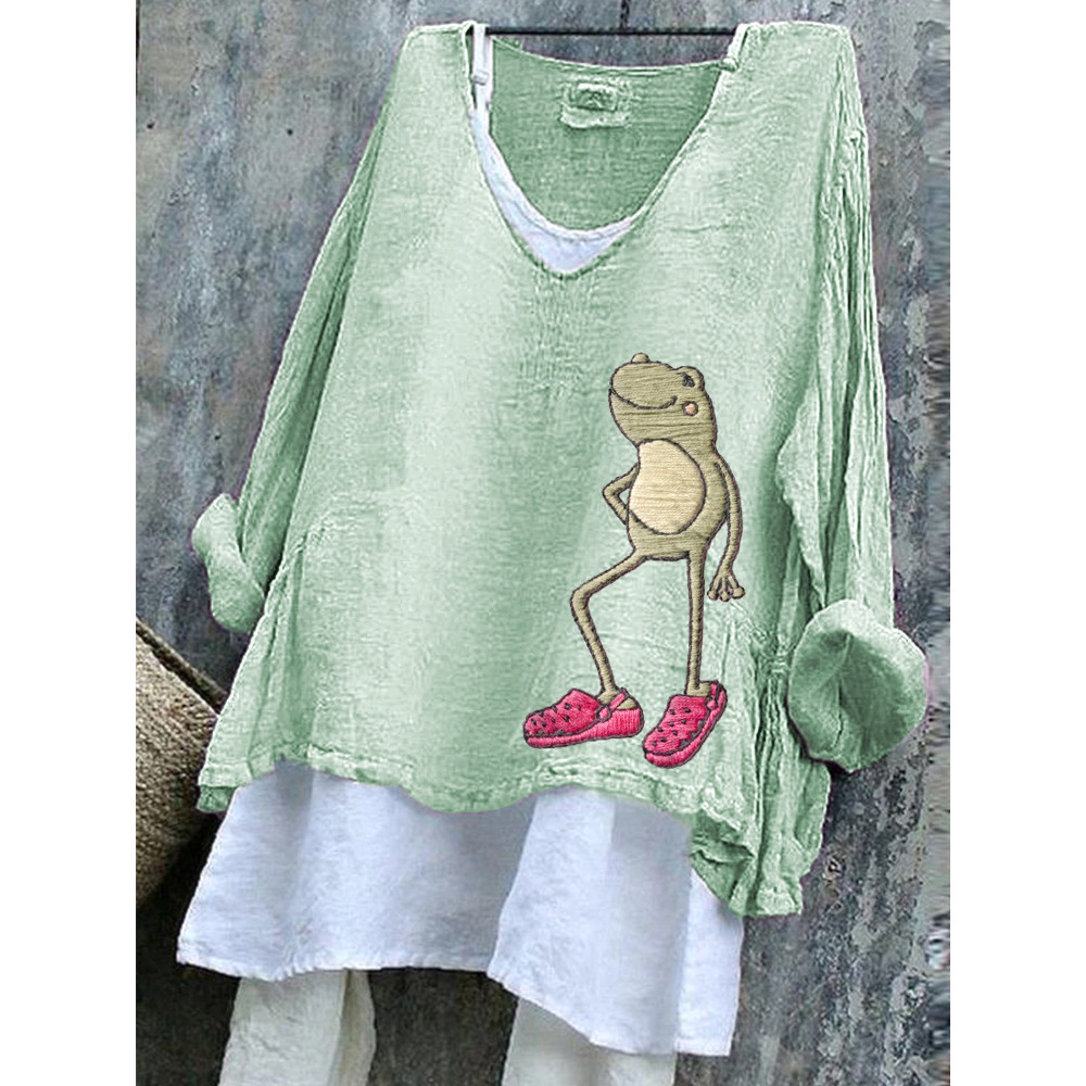 Funny Frog Embroidery Pattern Comfort Linen Shirt