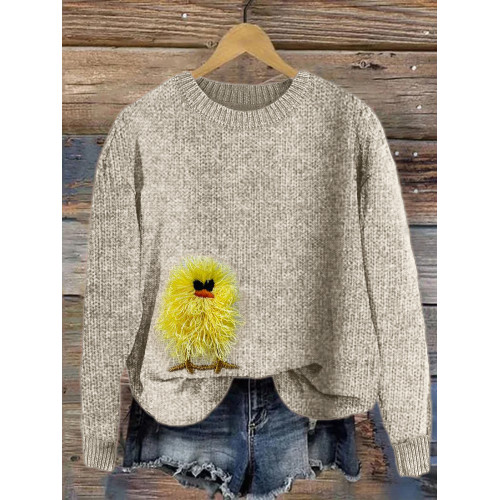 Funny Fuzzy Chick Fringe Embroidery Cozy Knit Sweater