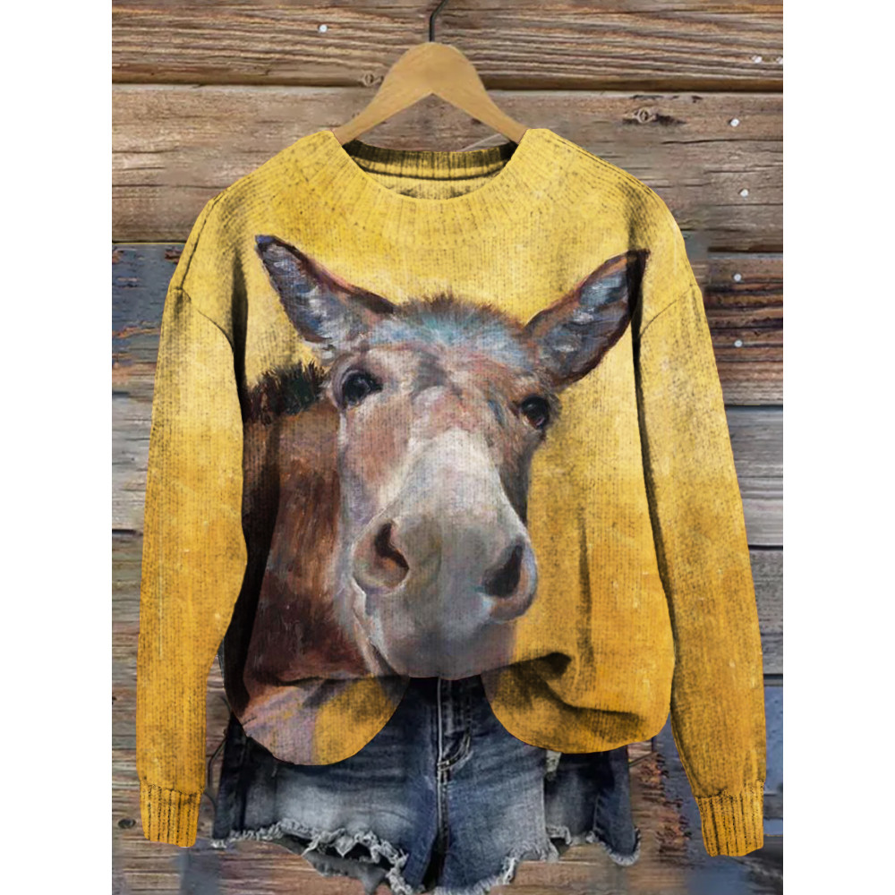 Funny Horse Head Art Pattern Cozy Knit Sweater
