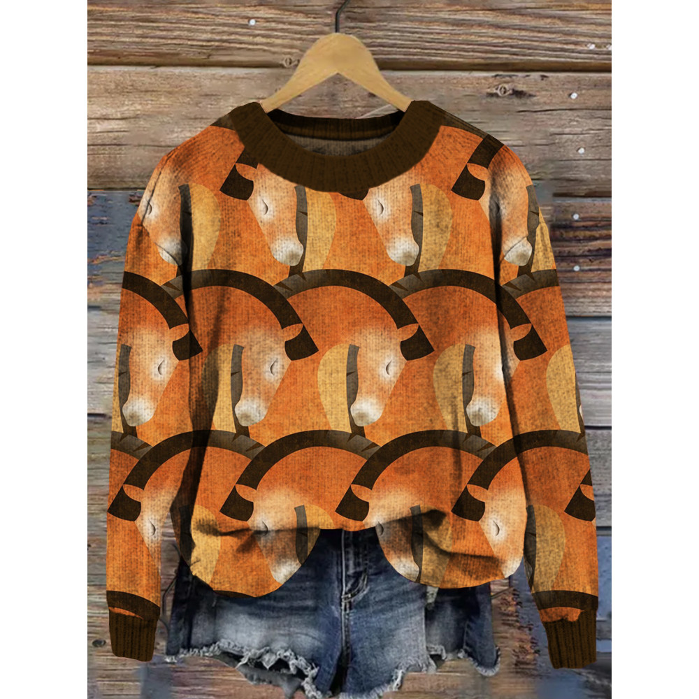Funny Horses Pattern Crew Neck Comfy Knit Sweater