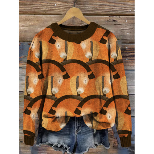 Funny Horses Pattern Crew Neck Comfy Knit Sweater