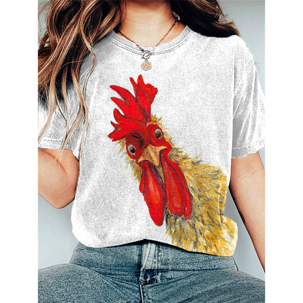 Funny Rooster Print Casual Cozy Short Sleeve T-Shirt
