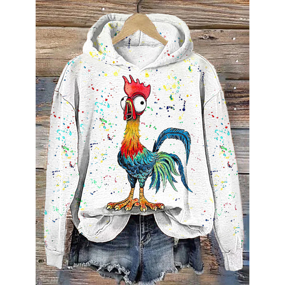 Funny Rooster Watercolor Art Painting Casual Cozy Hoodie