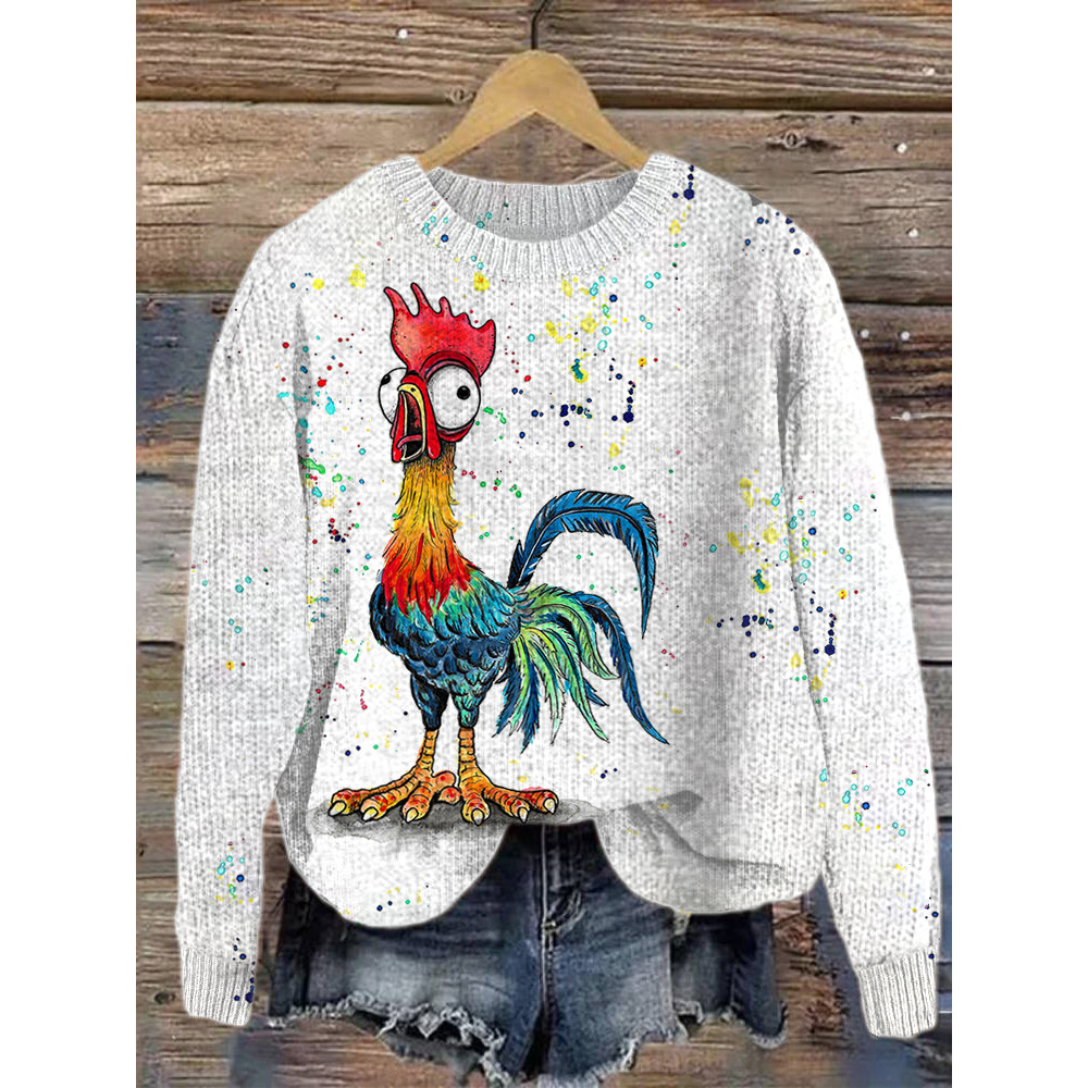 Funny Rooster Watercolor Art Painting Casual Cozy Knit Sweater