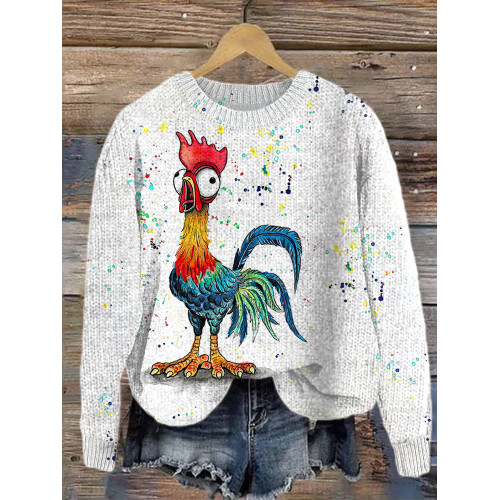 Funny Rooster Watercolor Art Painting Casual Cozy Knit Sweater