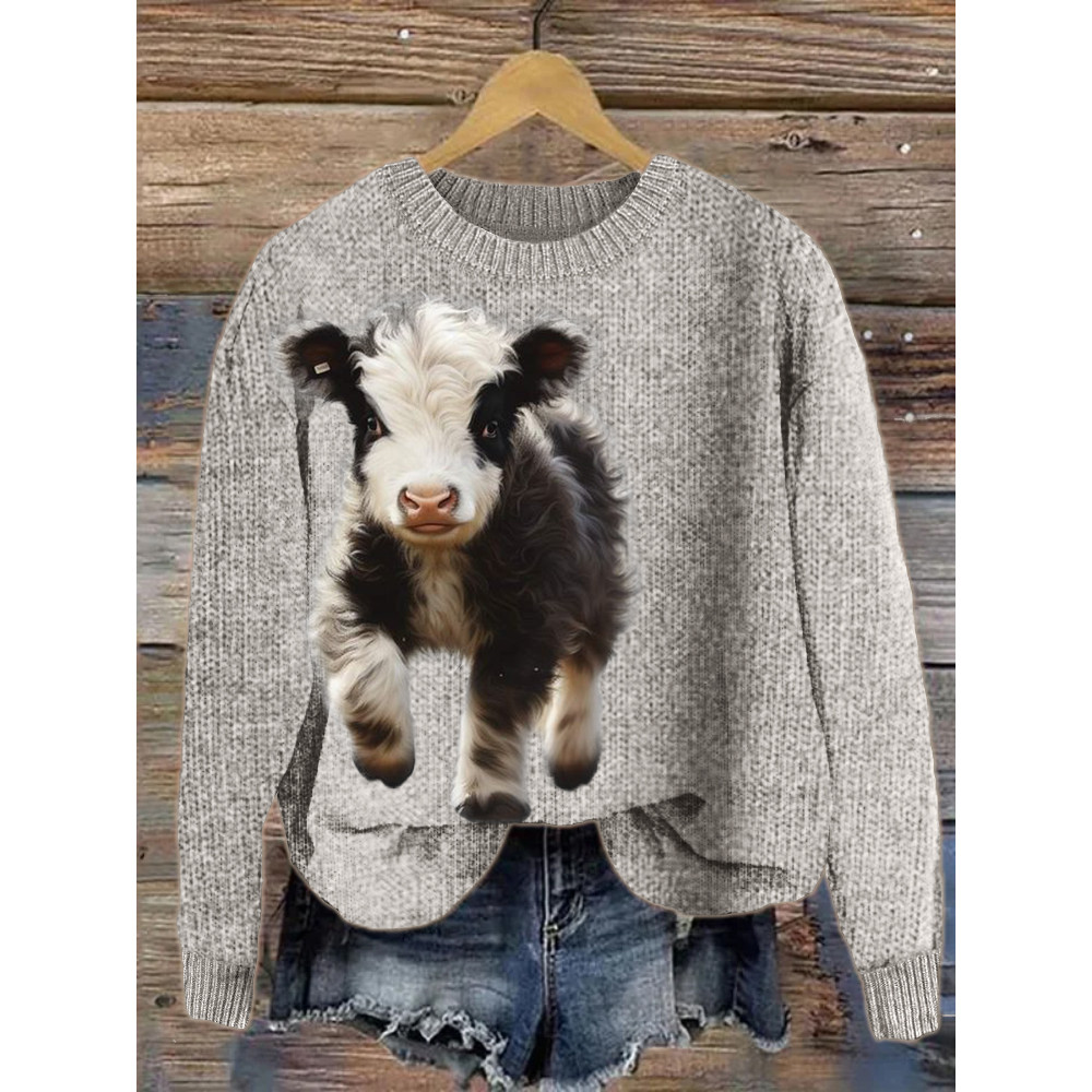 Fuzzy Baby Cow Art Cozy Knit Sweater