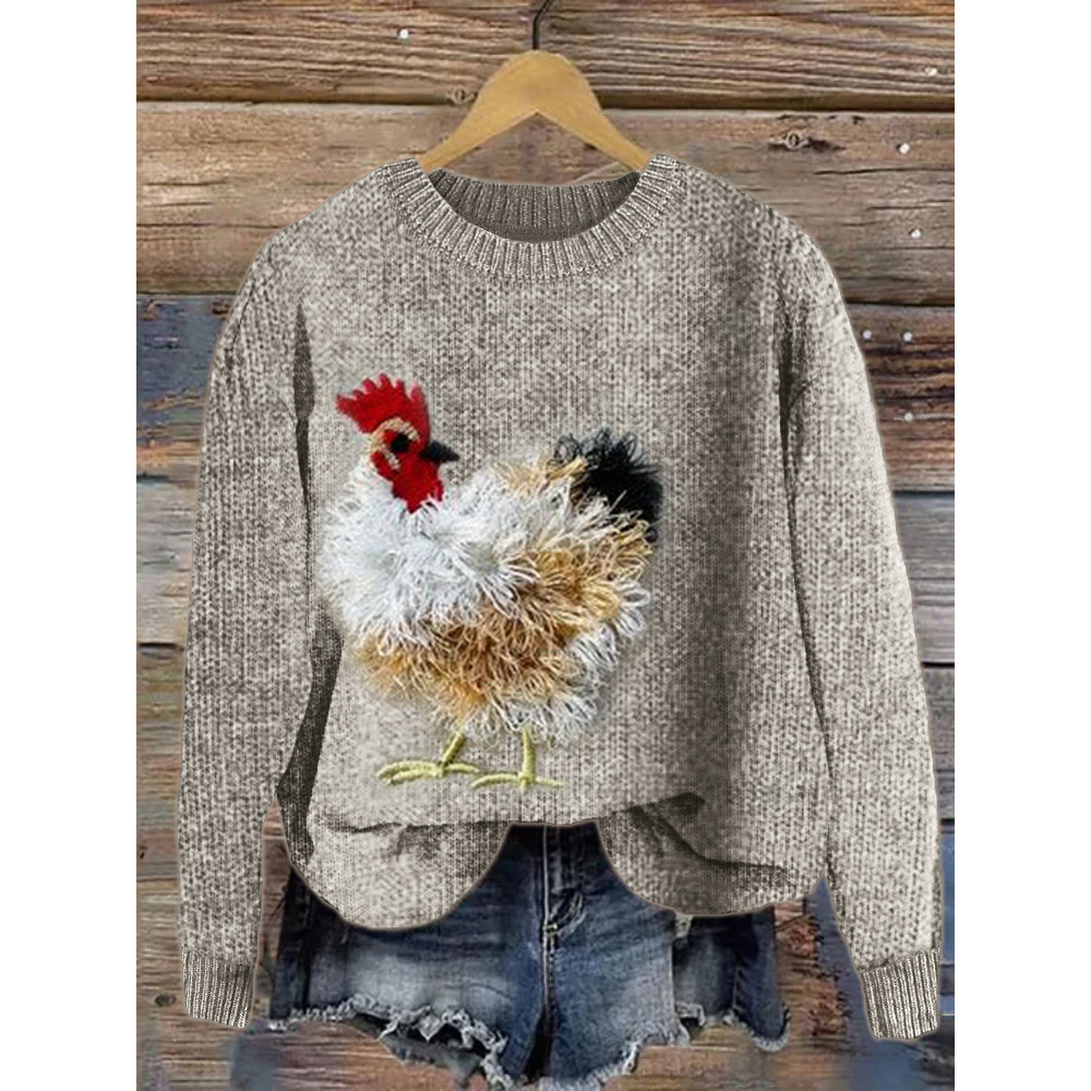 Fuzzy Chicken Embroidery Cozy Knit Sweater