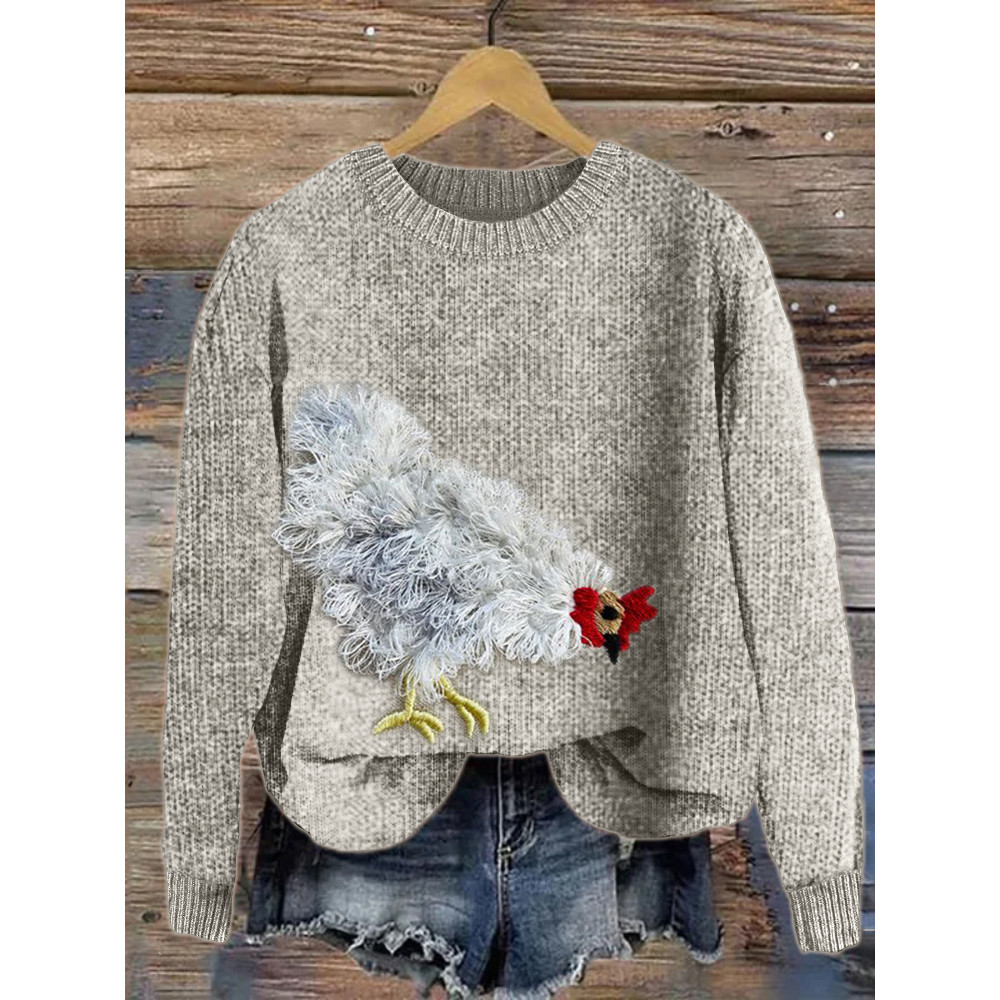 Fuzzy Chicken Embroidery Cozy Knit Sweater