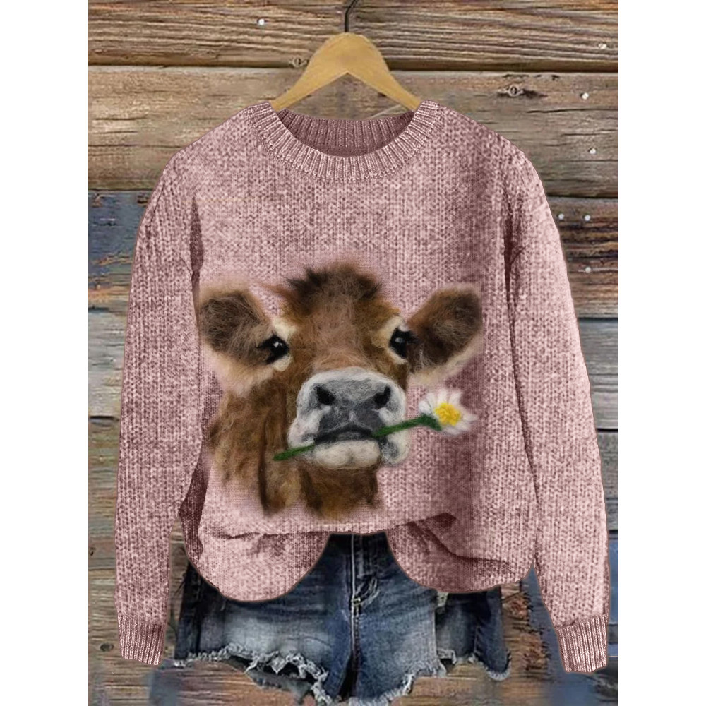 Fuzzy Cow with Daisy Felt Cozy Knit Sweater
