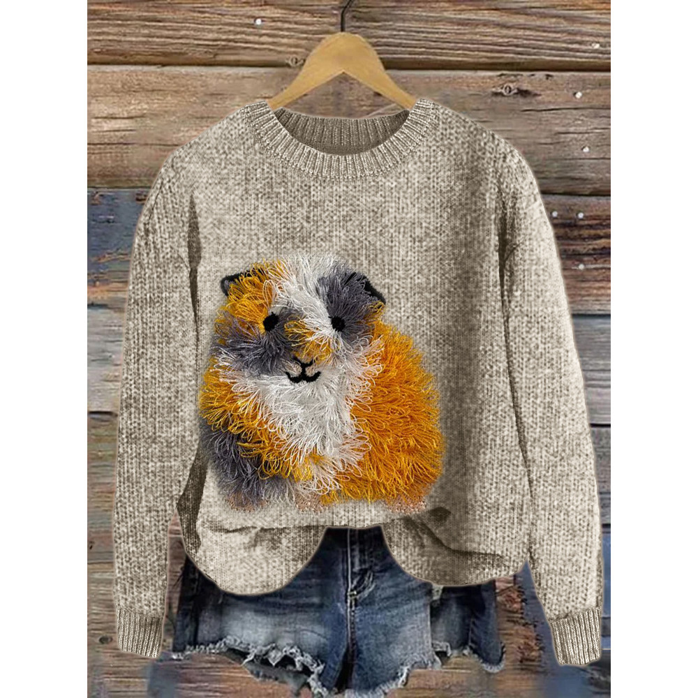 Fuzzy Guinea Pig Embroidery Cozy Knit Sweater