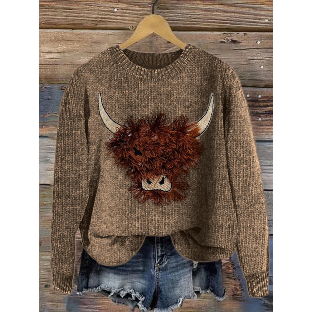 Fuzzy Highland Cow Embroidery Art Cozy Knit Sweater