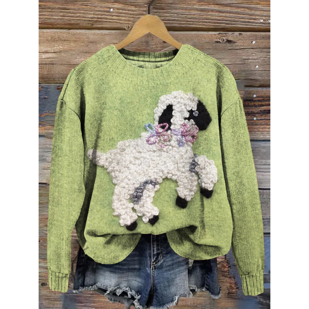 Fuzzy Little Lamb Embroidery Pattern Comfy Knit Sweater