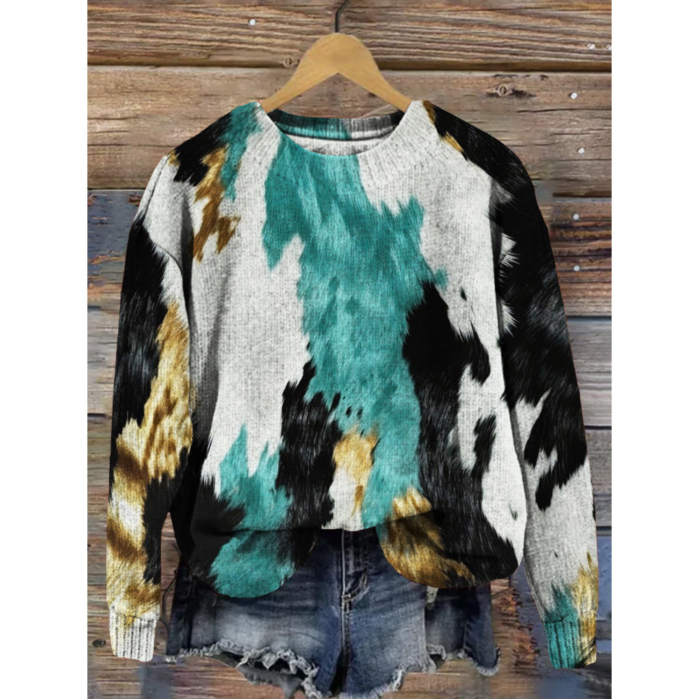 Gold and Turqoise Cow Hide Graphic Comfy Sweater