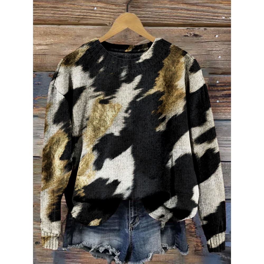 Golden Cow Hide Graphic Crew Neck Cozy Knit Sweater