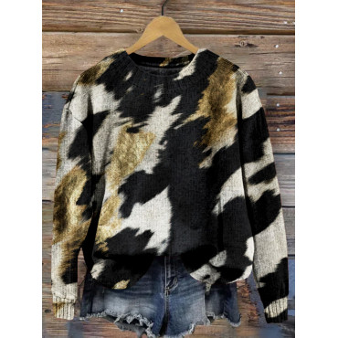 Golden Cow Hide Graphic Crew Neck Cozy Knit Sweater