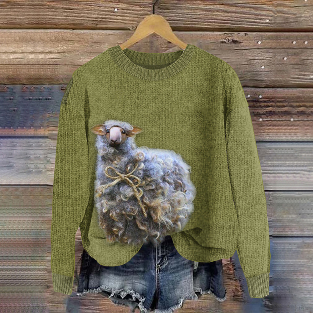 Grass Green Sheep Wool Felt Art Graphic Crew Neck Cozy Knit Sweater