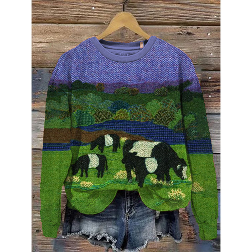 Grassland Cow Pattern Crew Neck Sweatshirt