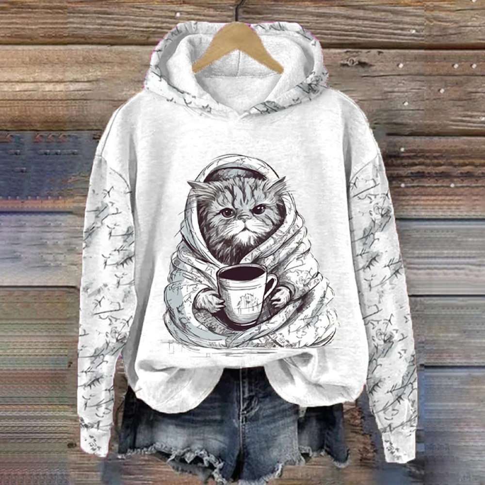 Grumpy Morning Coffee Clothing Cat Simple Drawing Printed Hooded Sweatshirt