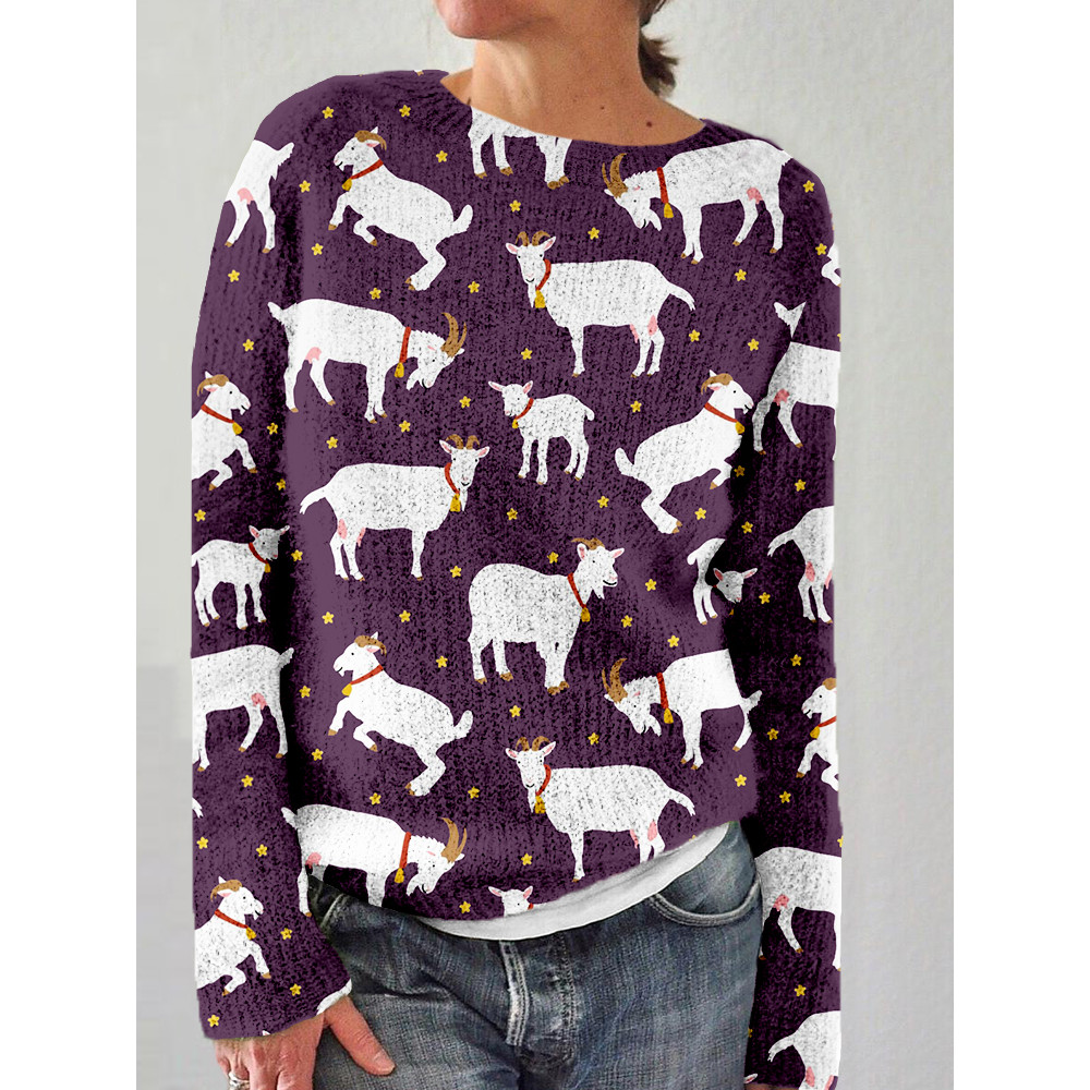Happy Goats & Flowers Graphic Cozy Knit Sweater