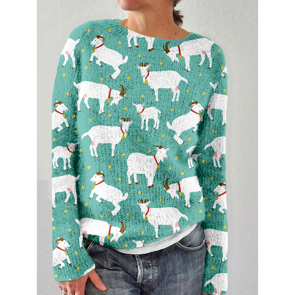 Happy Goats & Flowers Graphic Cozy Knit Sweater