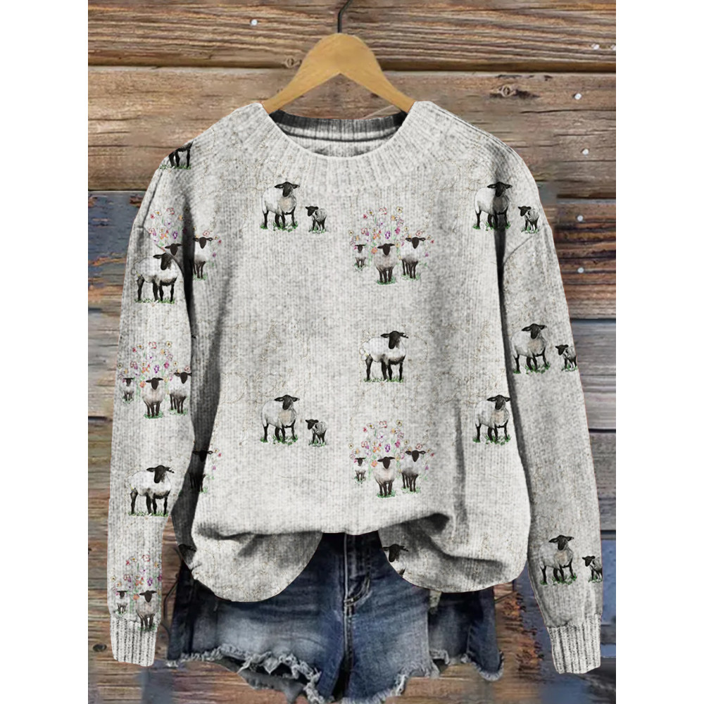Happy Sheep with Cosmos Pattern Cozy Knit Sweater