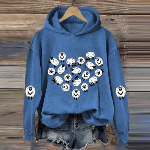 Heart Sheep Print Long Sleeve Hoodie