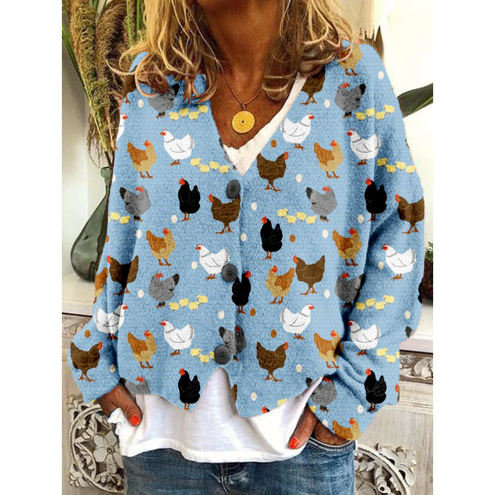 Hens and Chicks Graphic Vintage Cozy Knit Cardigan