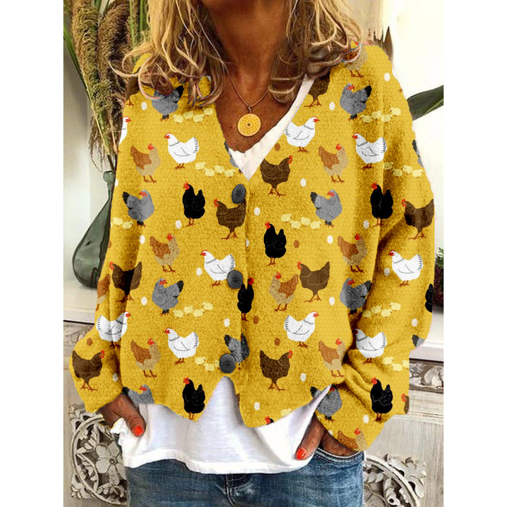 Hens and Chicks Graphic Vintage Cozy Knit Cardigan