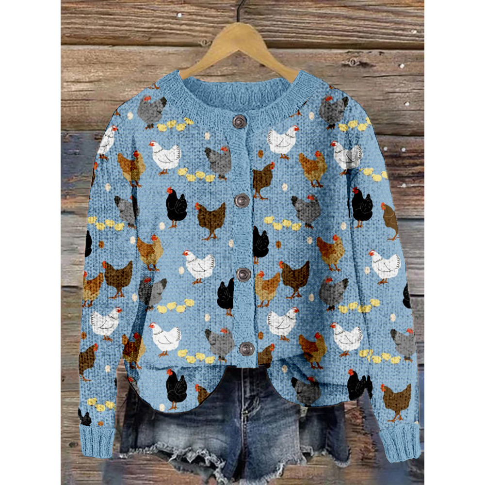 Hens and Chicks Graphic Vintage Cozy Knit Cardigan