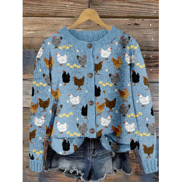Hens and Chicks Graphic Vintage Cozy Knit Cardigan