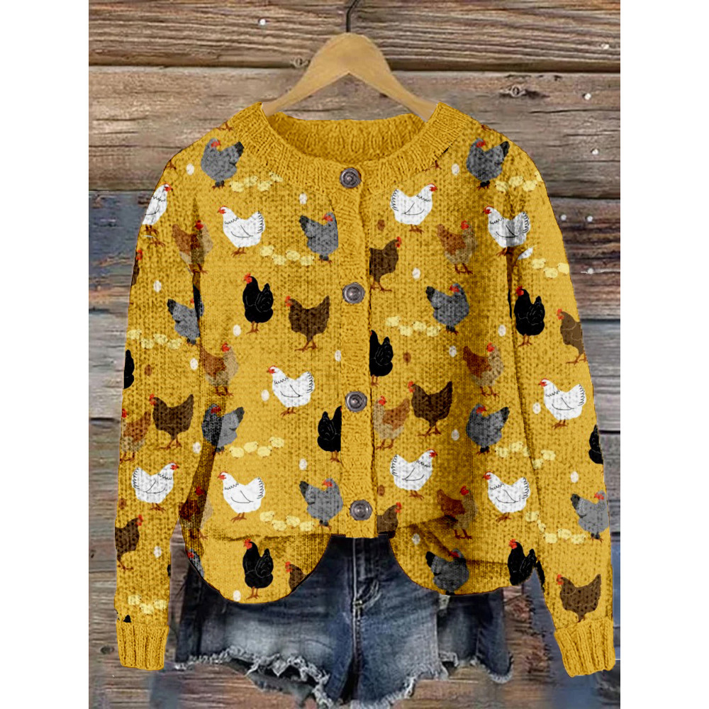 Hens and Chicks Graphic Vintage Cozy Knit Cardigan