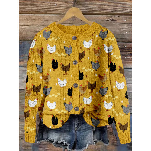 Hens and Chicks Graphic Vintage Cozy Knit Cardigan