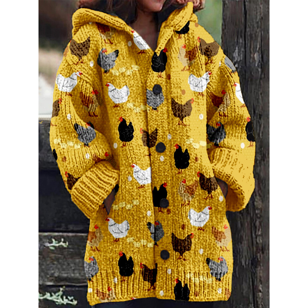 Hens and Chicks Graphic Vintage Cozy Knit Cardigan