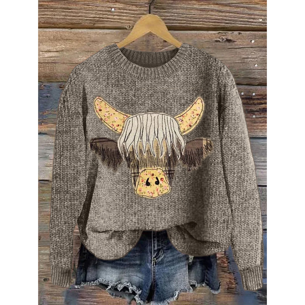 Highland Cow Cottage Fiber Art Cozy Knit Sweater