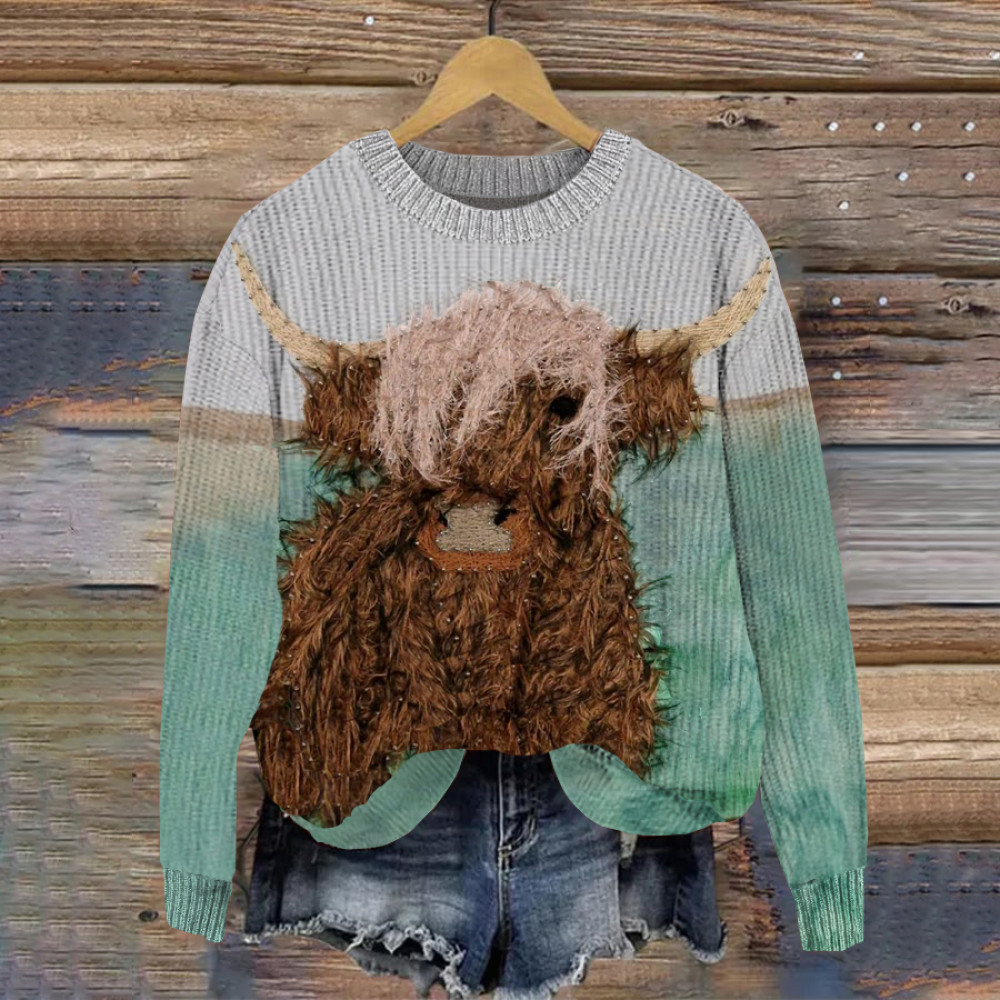 Highland Cow Cute Pattern Crew Neck Cozy Knit Sweater