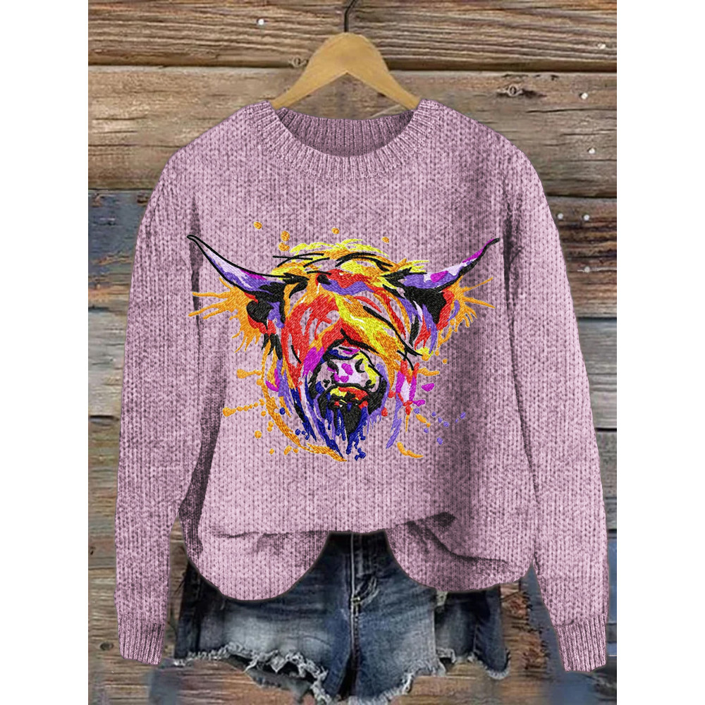 Highland Cow Embroidered Pattern Crew Neck Sweater