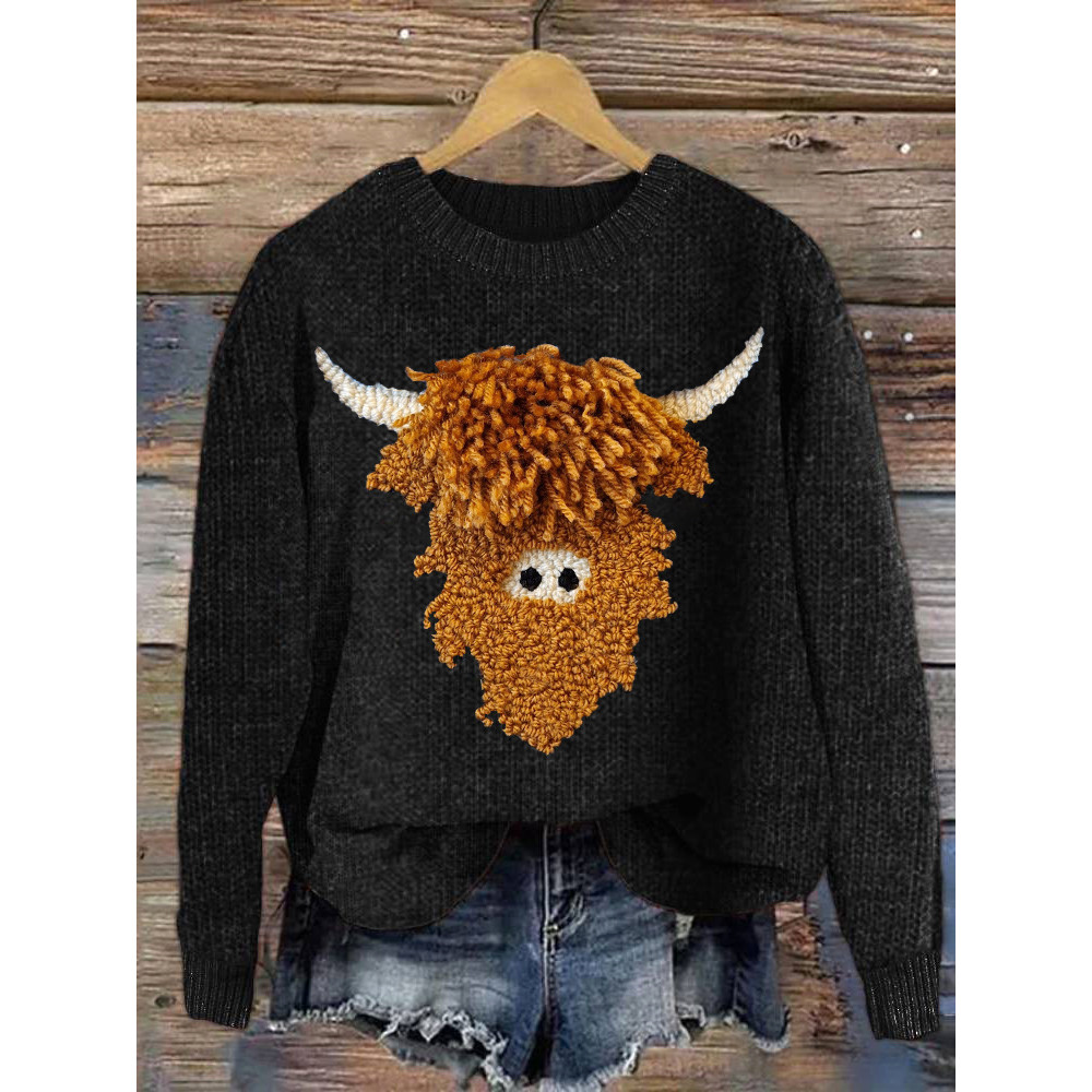 Highland Cow Embroidery Art Casual Cozy Knit Sweater