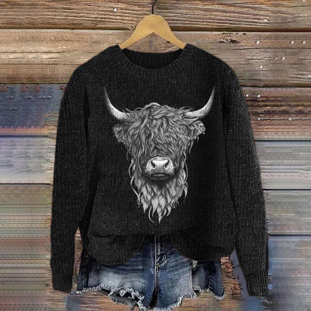 Highland Cow Embroidery Art Cozy Sweater