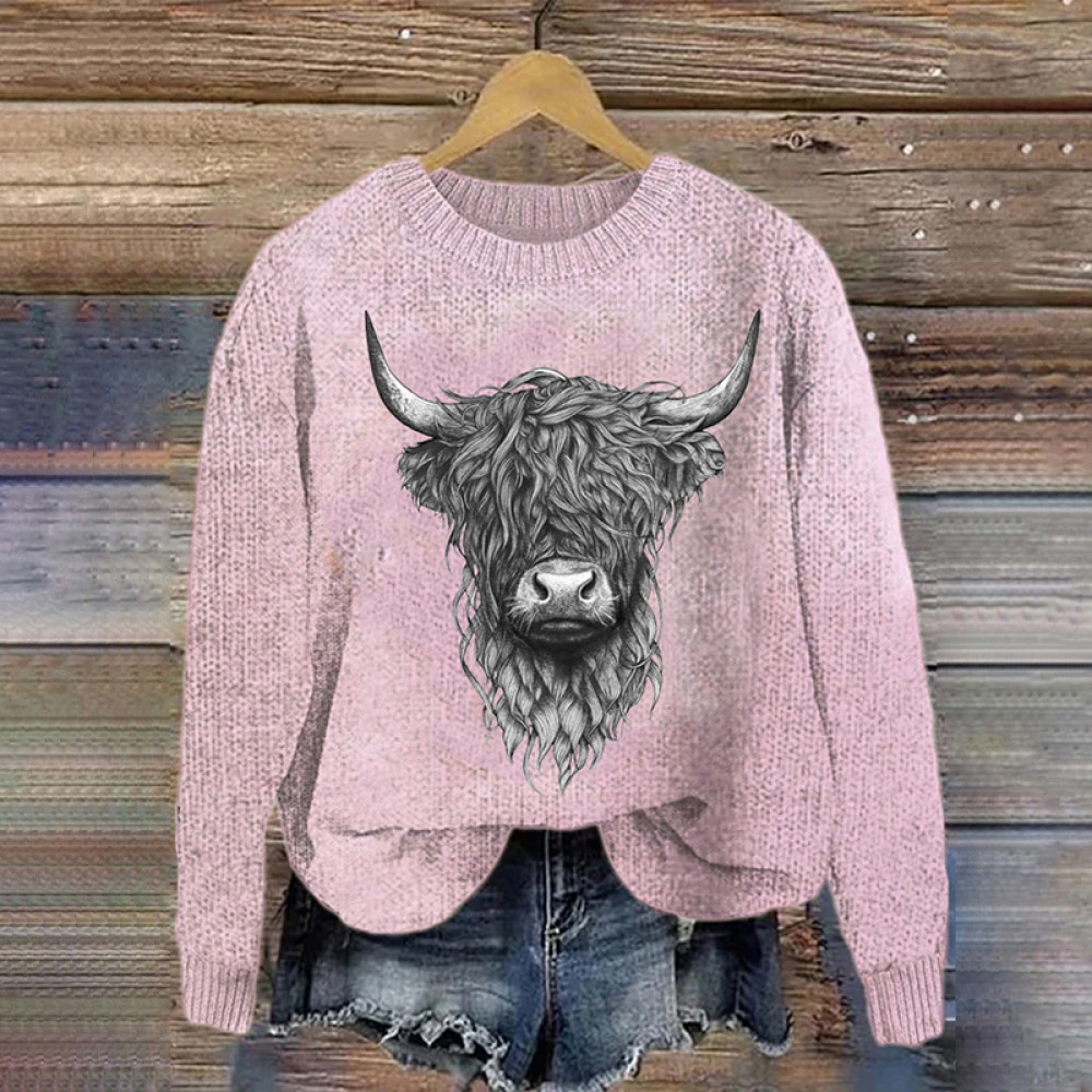 Highland Cow Embroidery Art Cozy Sweater