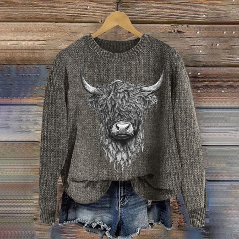 Highland Cow Embroidery Art Cozy Sweater