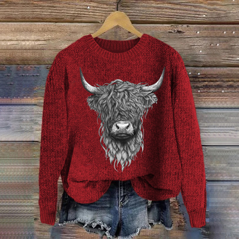 Highland Cow Embroidery Art Cozy Sweater