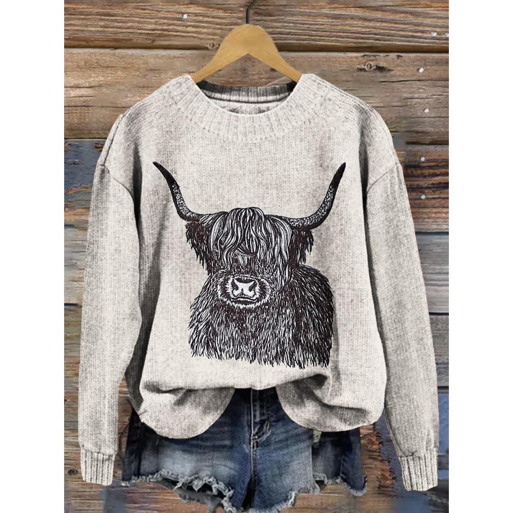 Highland Cow Embroidery Art Pattern Cozy Knit Sweater