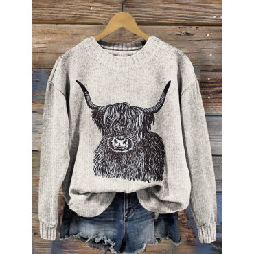 Highland Cow Embroidery Art Pattern Cozy Knit Sweater