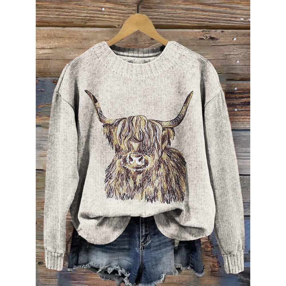 Highland Cow Embroidery Art Pattern Cozy Knit Sweater