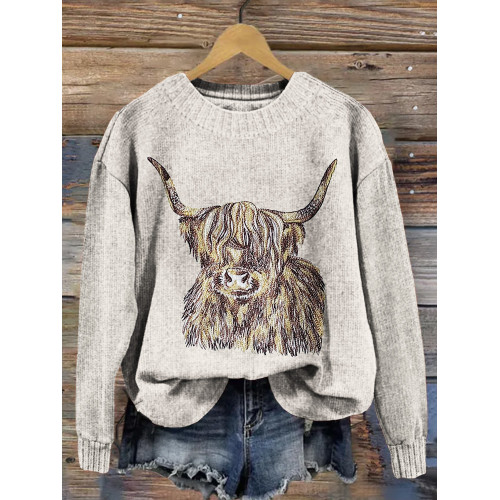 Highland Cow Embroidery Art Pattern Cozy Knit Sweater