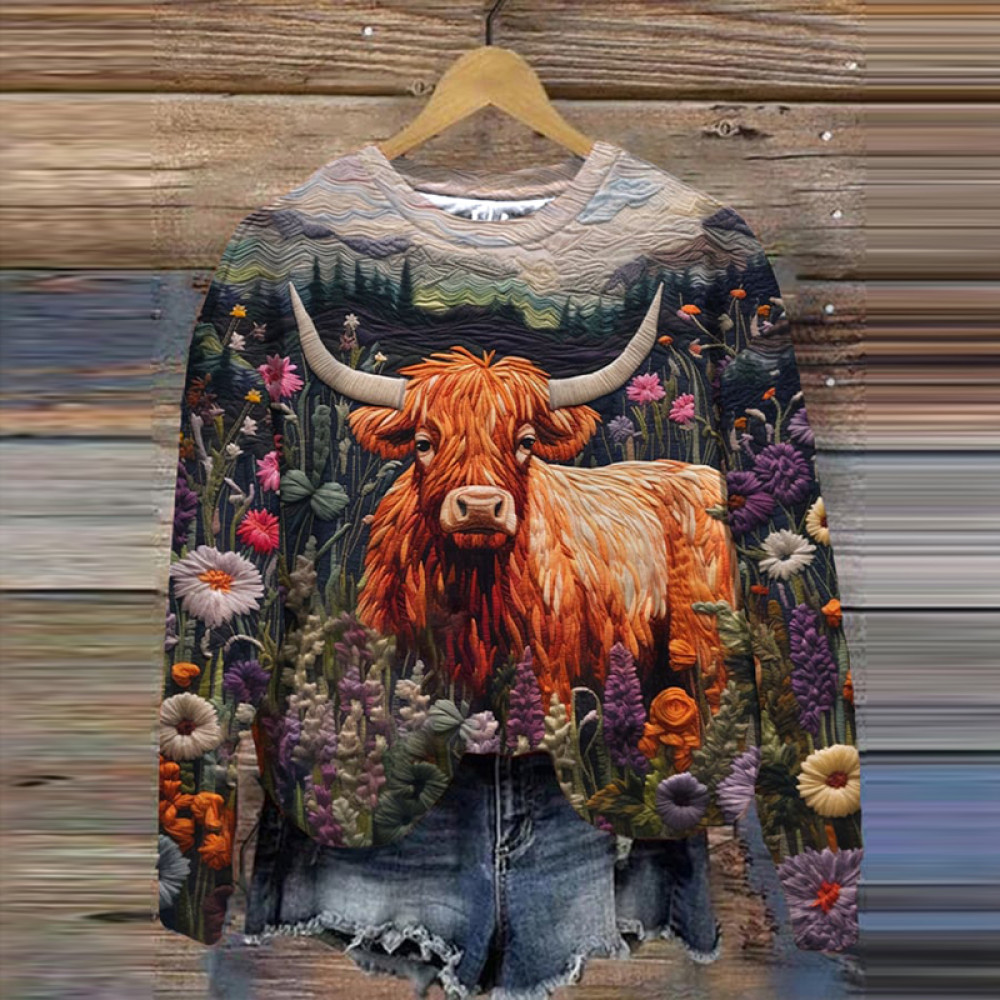 Highland Cow Embroidery Floral Printed Casual Sweatshirt
