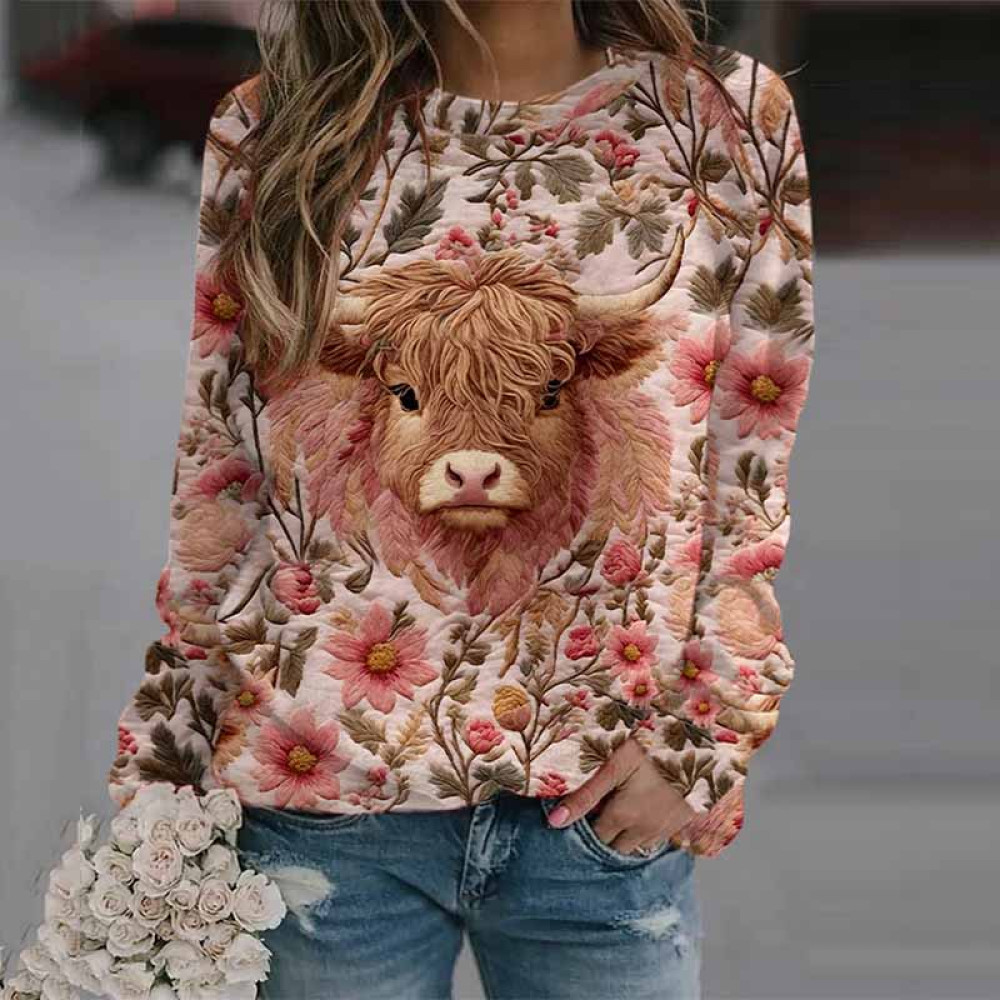 Highland Cow Embroidery Floral Printed Sweatshirt