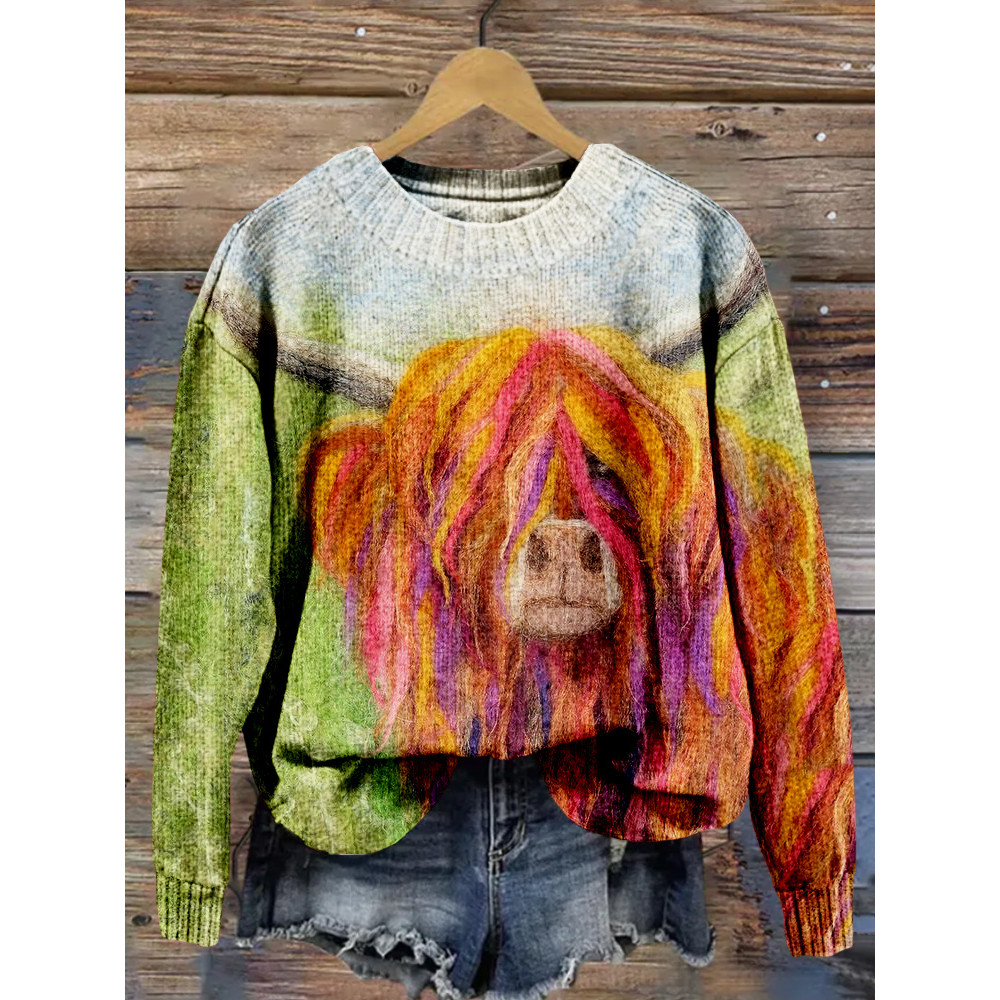 Highland Cow Felt Art Pattern Cozy Knit Sweater