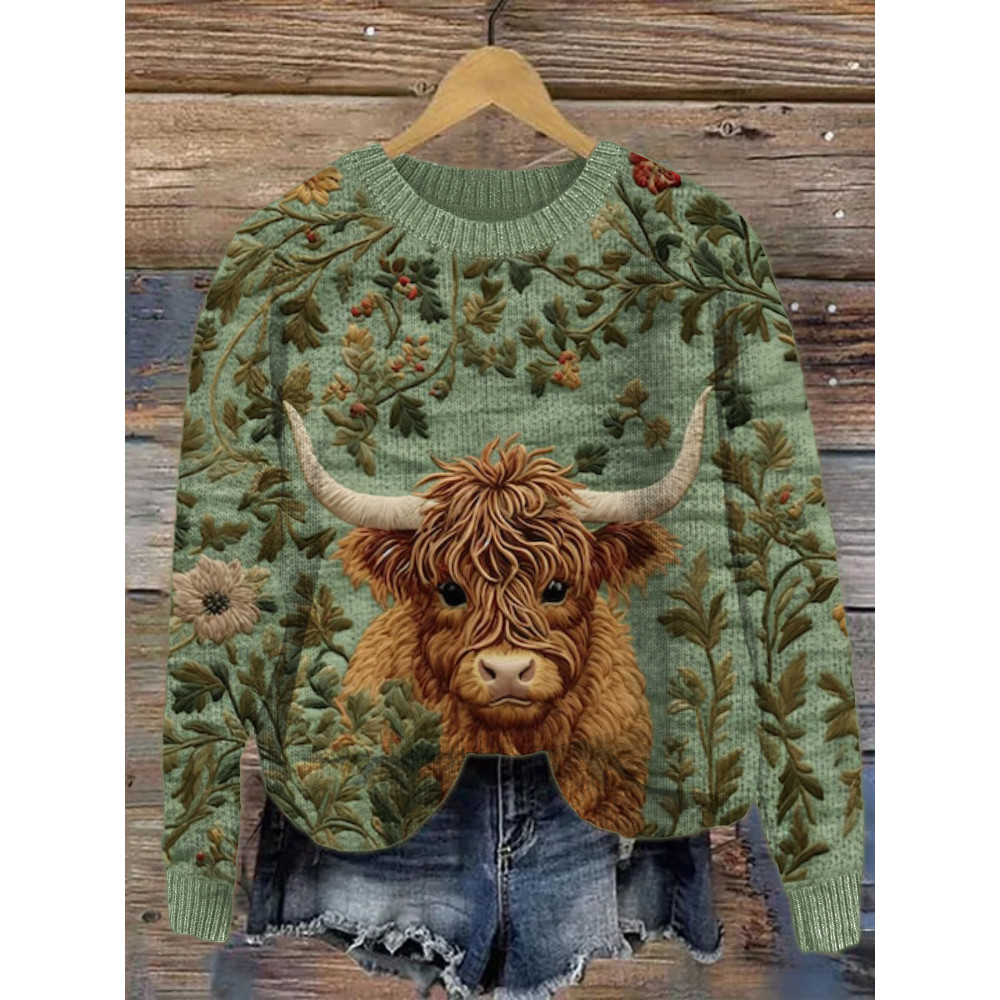 Highland Cow Floral Embroidery Cozy Knit Sweater