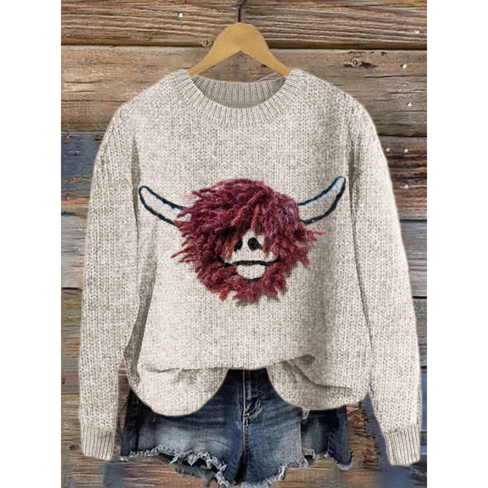 Highland Cow Fringe Embroidery Cozy Knit Sweater